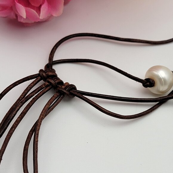 Bohemian White Baroque Pearl Brown Leather Cord Tassel Toggle Necklace 38" - Picture 3 of 9